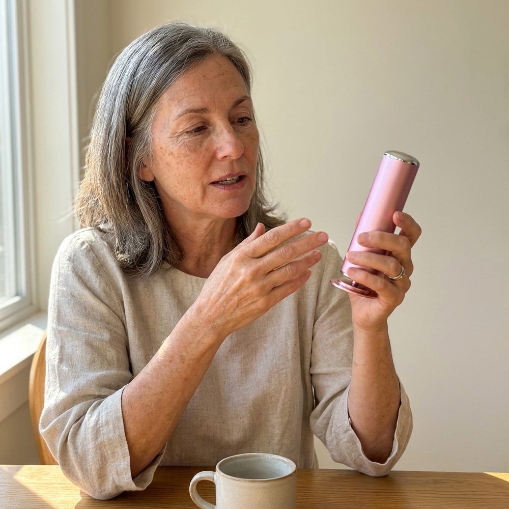 Maren Doyle, founder of Rive, sitting at her kitchen table examining the Rive Velvet Pro in warm morning light
