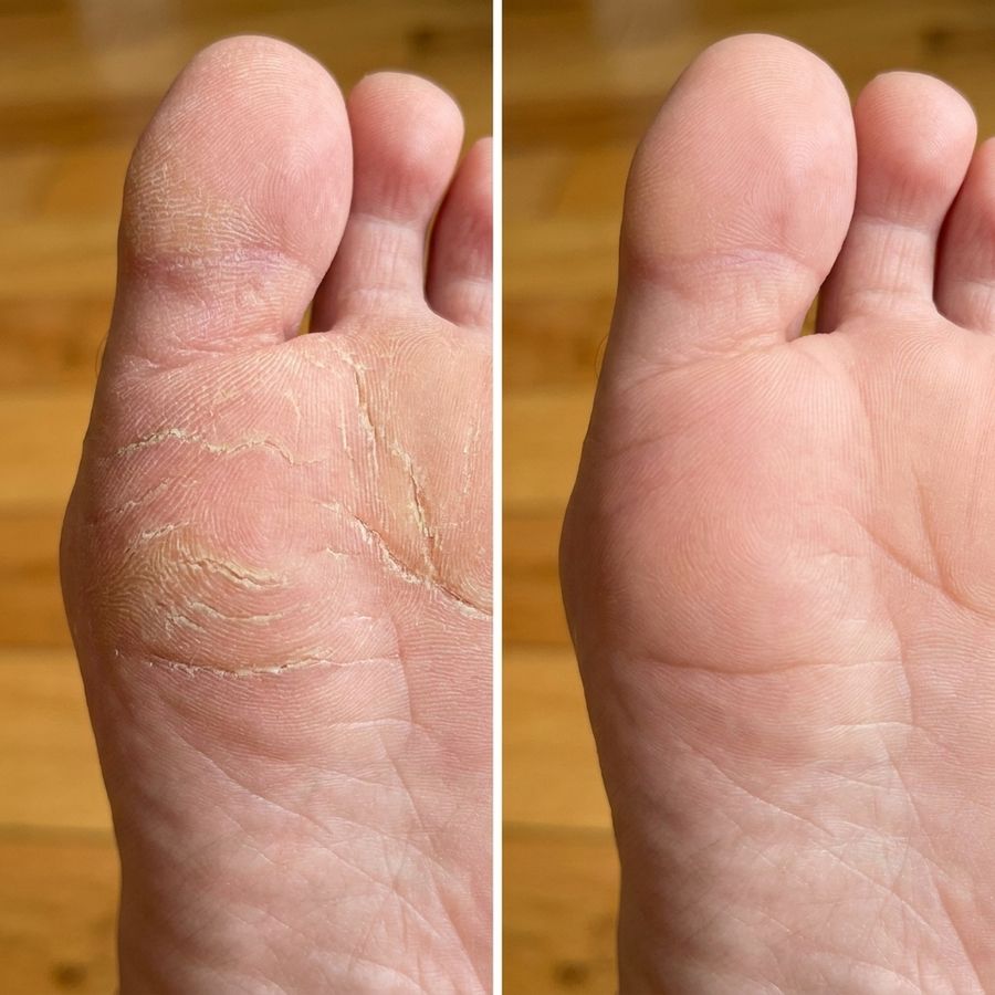 Side-by-side comparison: rough, peeling ball-of-foot skin on the left; smooth, even skin on the right after using Rive