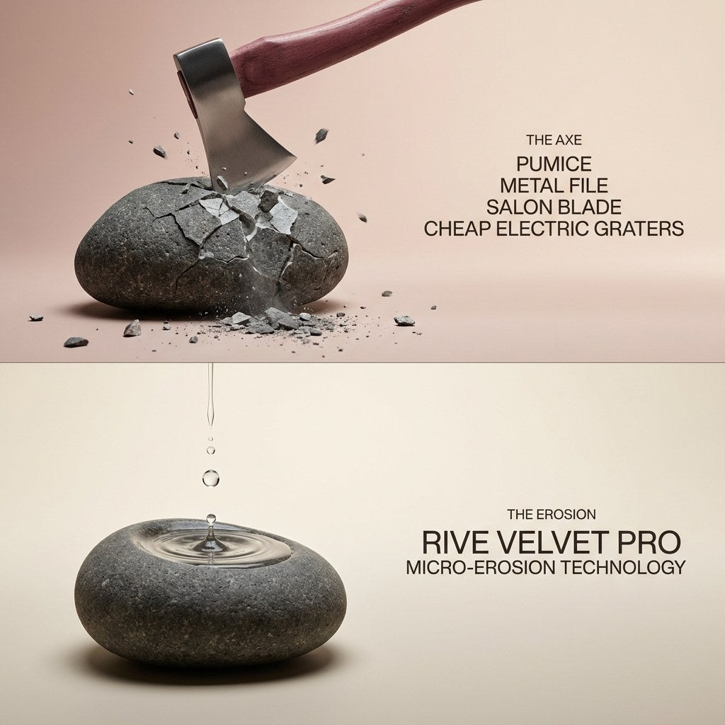 Editorial illustration: the axe striking a shattering stone, labeled Pumice, Metal File, Salon Blade, Cheap Electric Graters — above a smooth stone with a water droplet rippling its surface, labeled Rive Velvet Pro, Micro-Erosion Technology