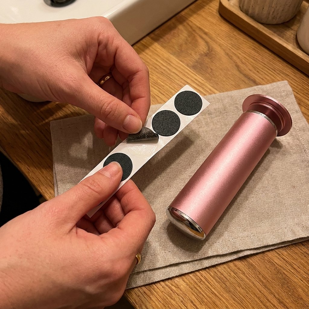 Hands peeling a fresh sanding disc from the strip, with the Rive Velvet Pro resting on a linen towel on a wooden counter