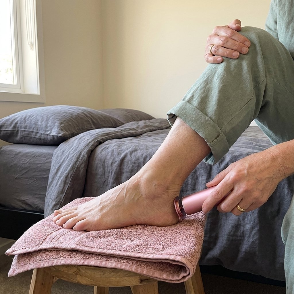A woman seated at the edge of her bed in sage-green linen pants guides the Rive Velvet Pro against the side of her heel, foot resting on a blush terry towel folded over a wooden stool