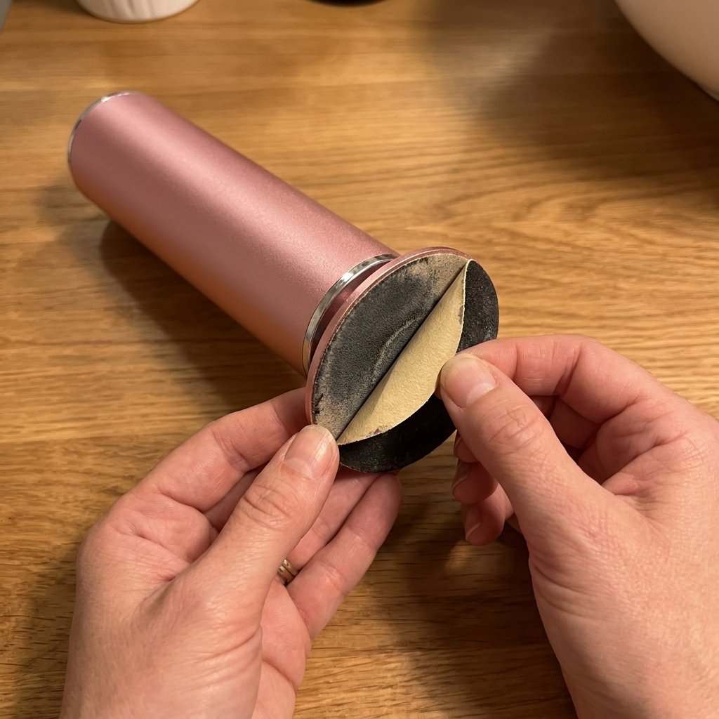 Hands peeling the used dark charcoal sanding disc off the top of the Rive Velvet Pro, resting on a wooden counter